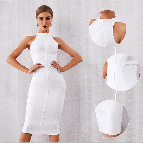 Nude Halter Bandage Bodycon Midi Cocktail Dress - Picture 7 of 11